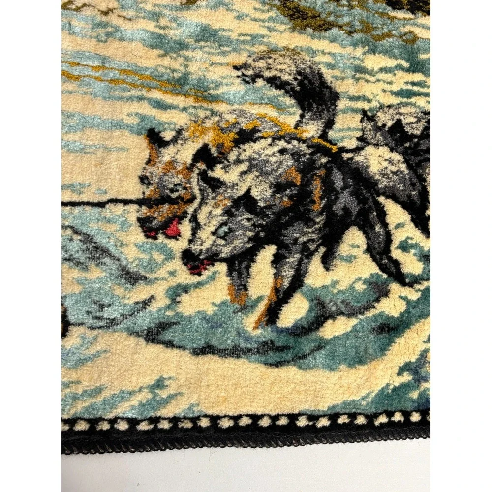Vintage Rug Italian Woven Plush Velvet Alaskan Husky Tapestry Dogsled Clean